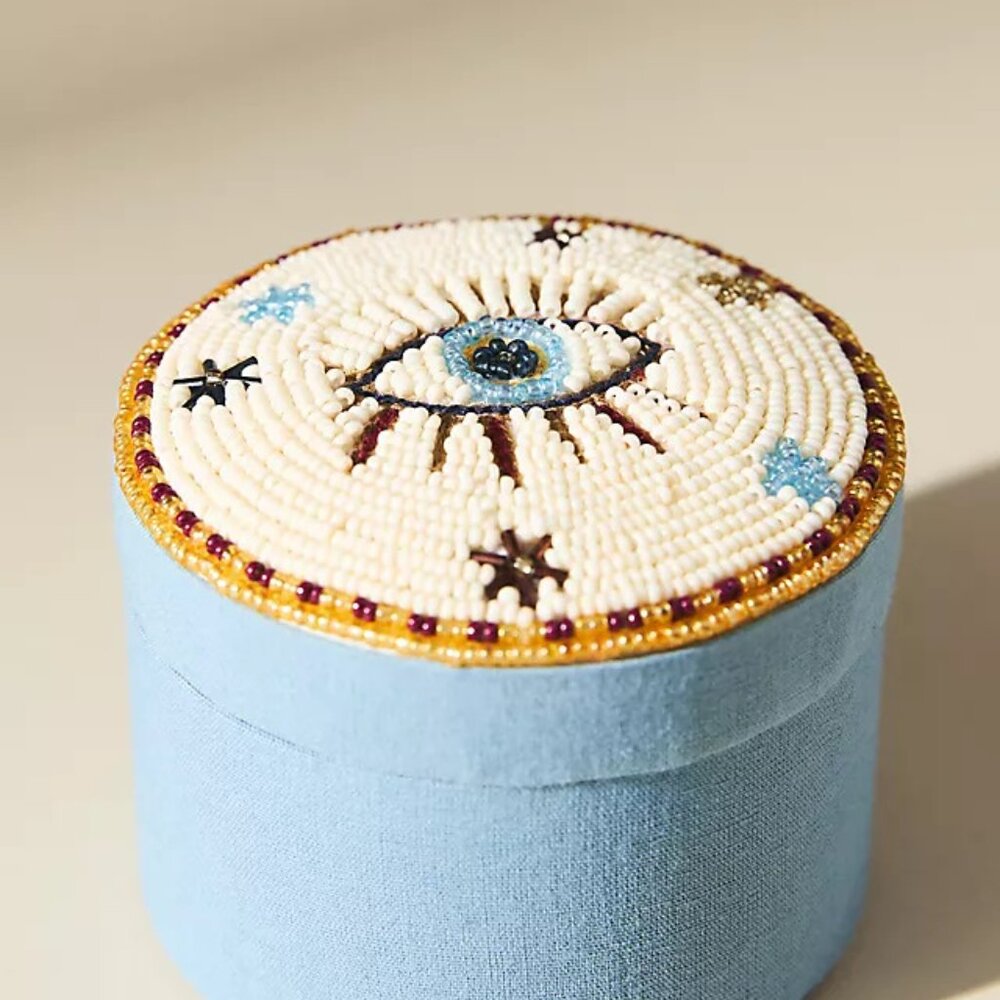 Anthropologie FORTUNE BEADED LIDDED JEWELERY BOX Blue Evil Eye protection magic